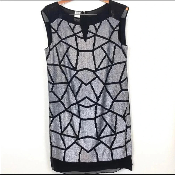 Ali Ro Sleeveless Sequin Shift Dress Party Cocktail Geometric Black Silver Sz 10 - Picture 1 of 8
